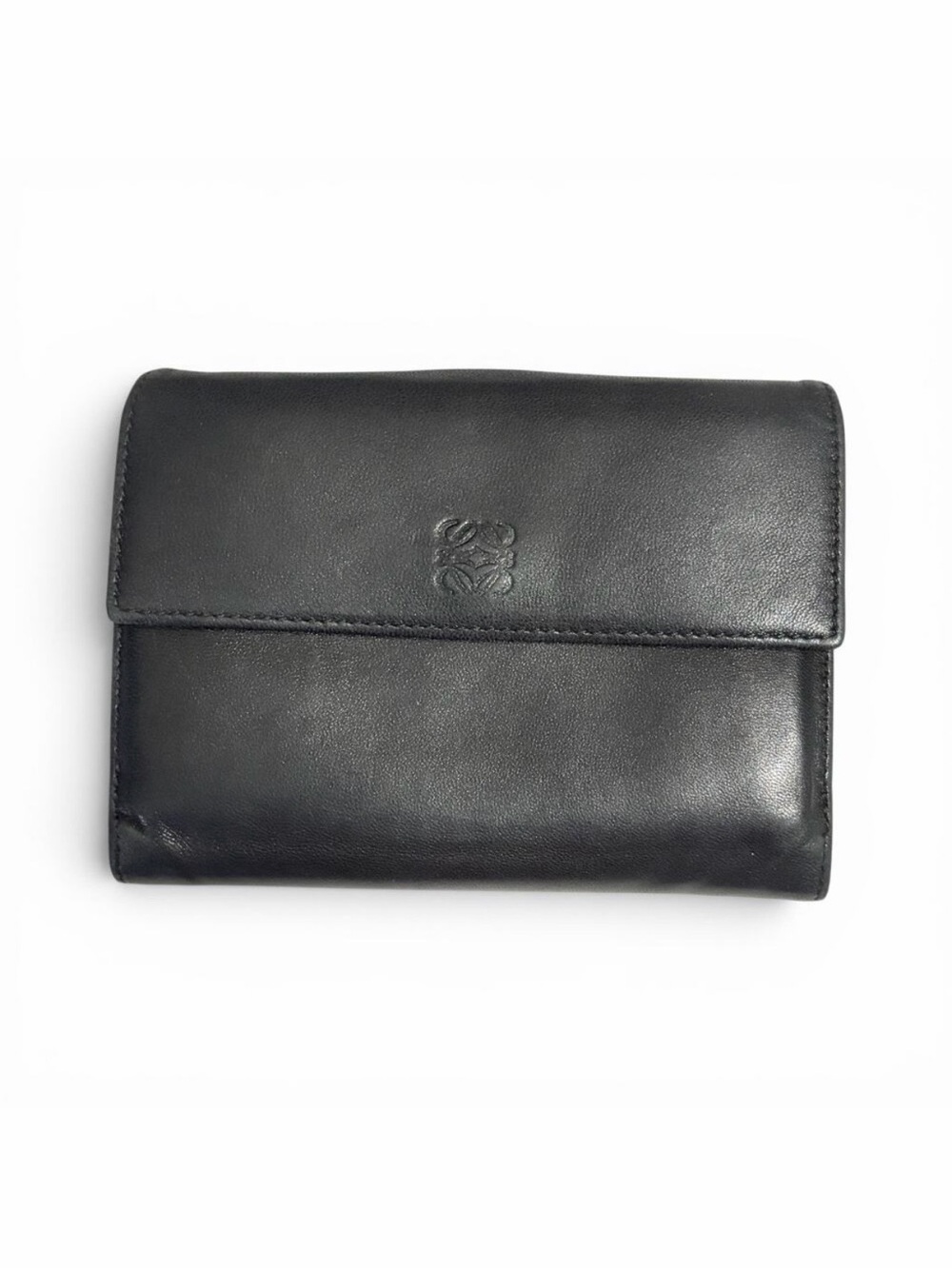 Loewe Black Leather Trifold Wallet with Zip Coin Pocket Gold Tone Hardware